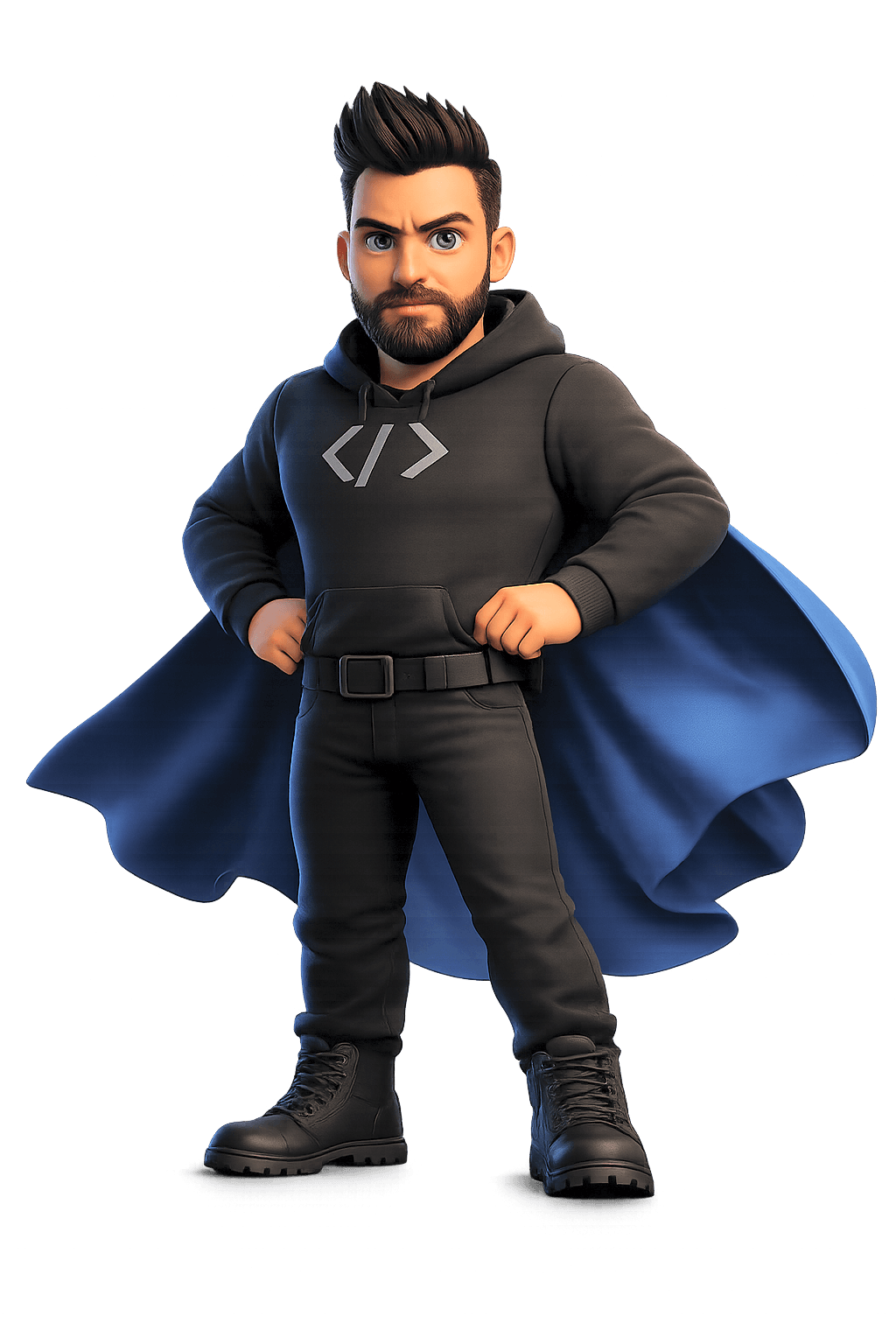 3D avatar in superhero pose with blue cape