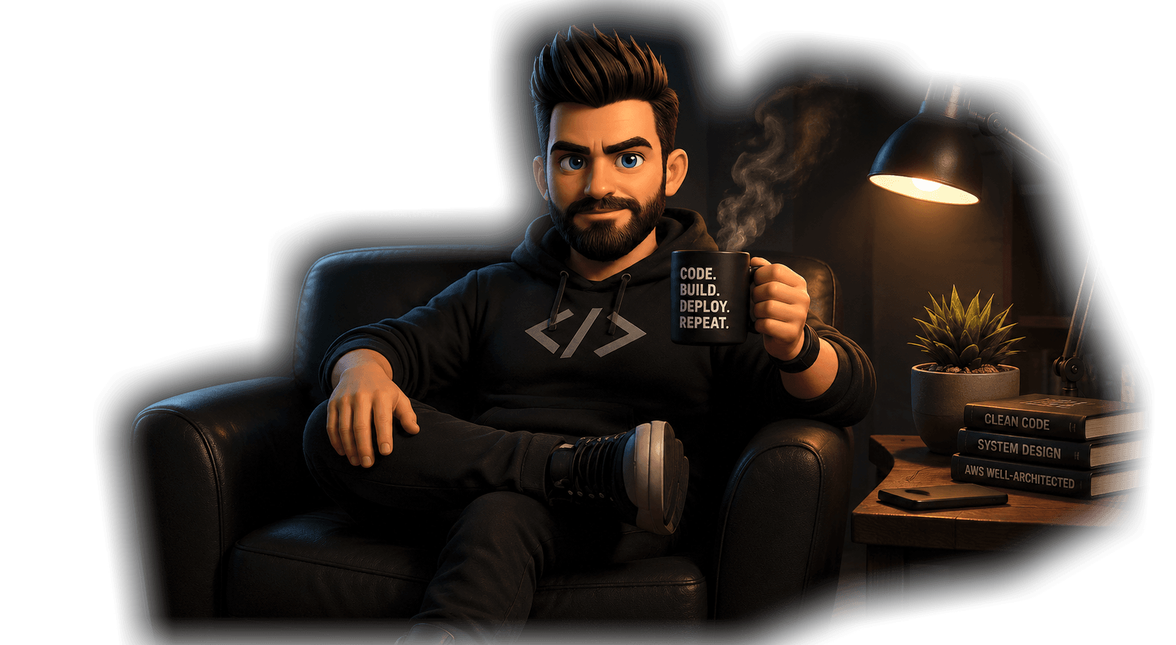 3D avatar sitting with a coffee mug