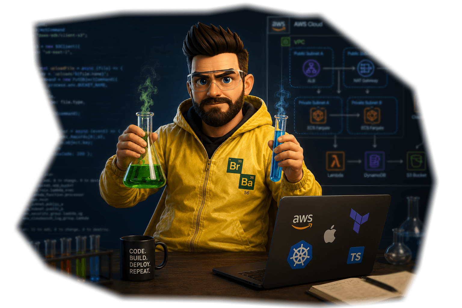 3D avatar engineer in a lab holding flasks